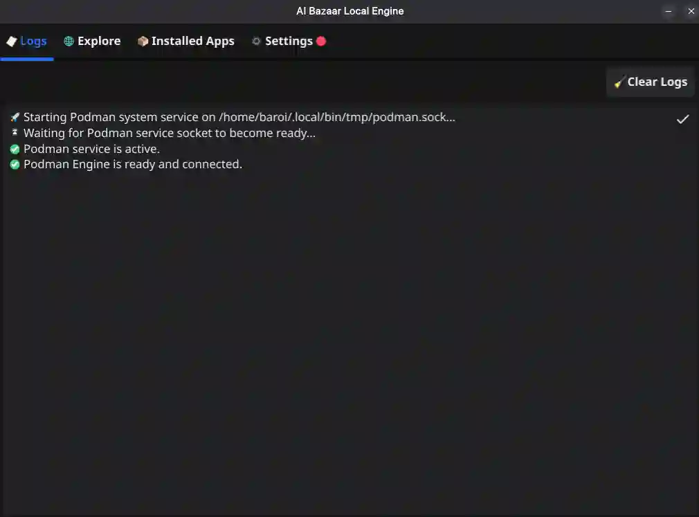 AI Bazaar Engine logs showing Podman starting successfully