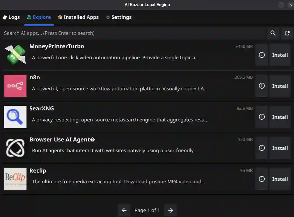 AI Bazaar Engine explore tab showing available AI apps
