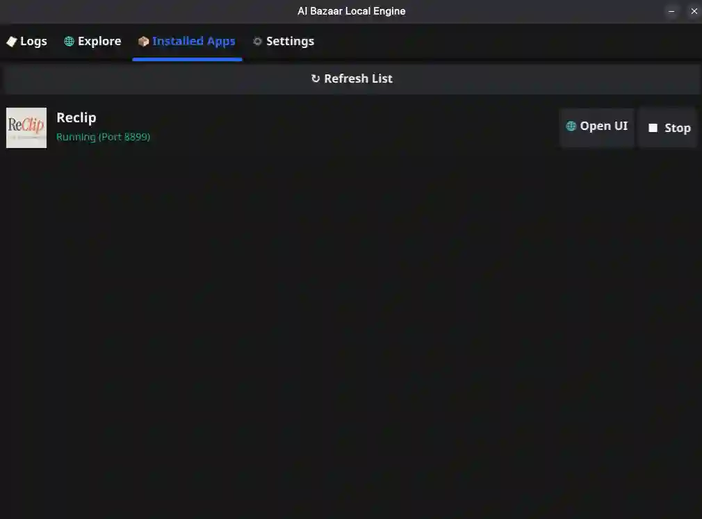 AI Bazaar Engine showing app running on port 8899